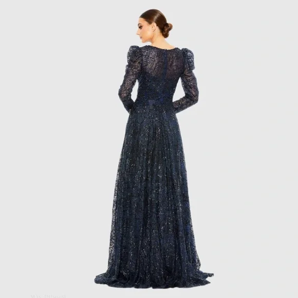 Mac Duggal Navy Embellished V Neck Long Sleeve A Line Gown